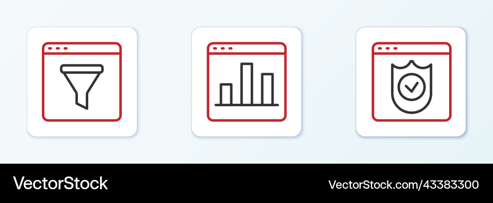 Set line browser with shield window and graph Set line browser with shield window and graph vector image