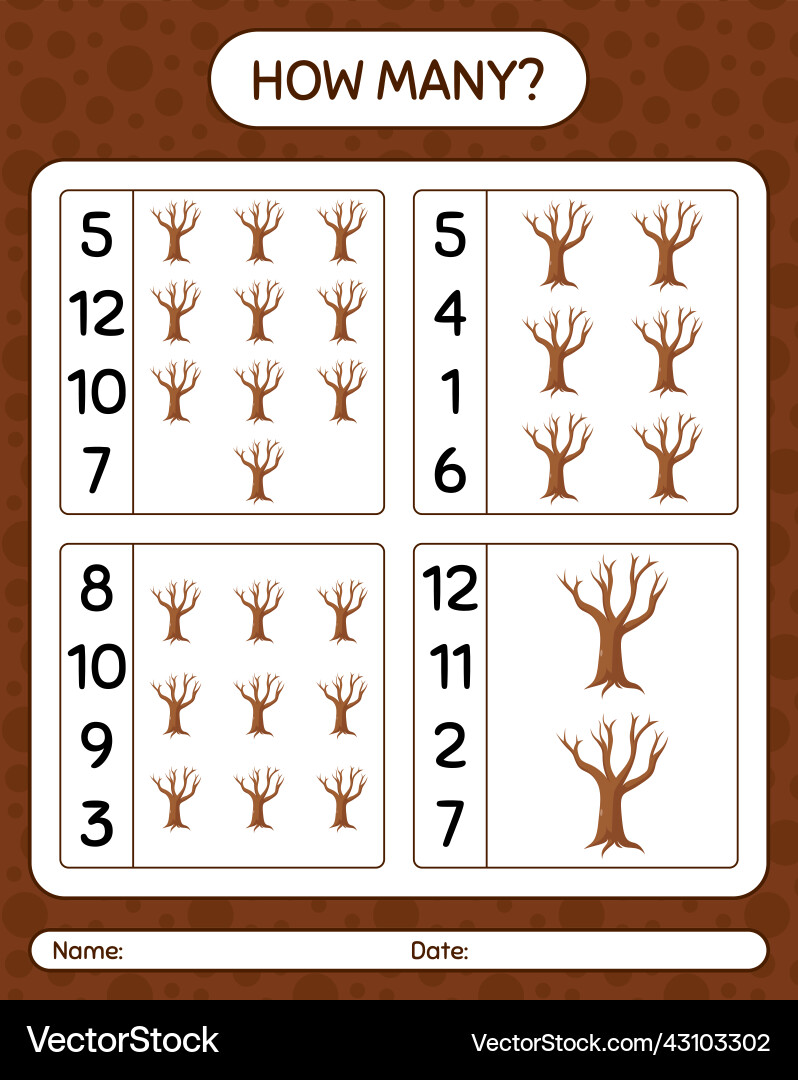 How many counting game with tree worksheet How many counting game with tree worksheet Vector Image