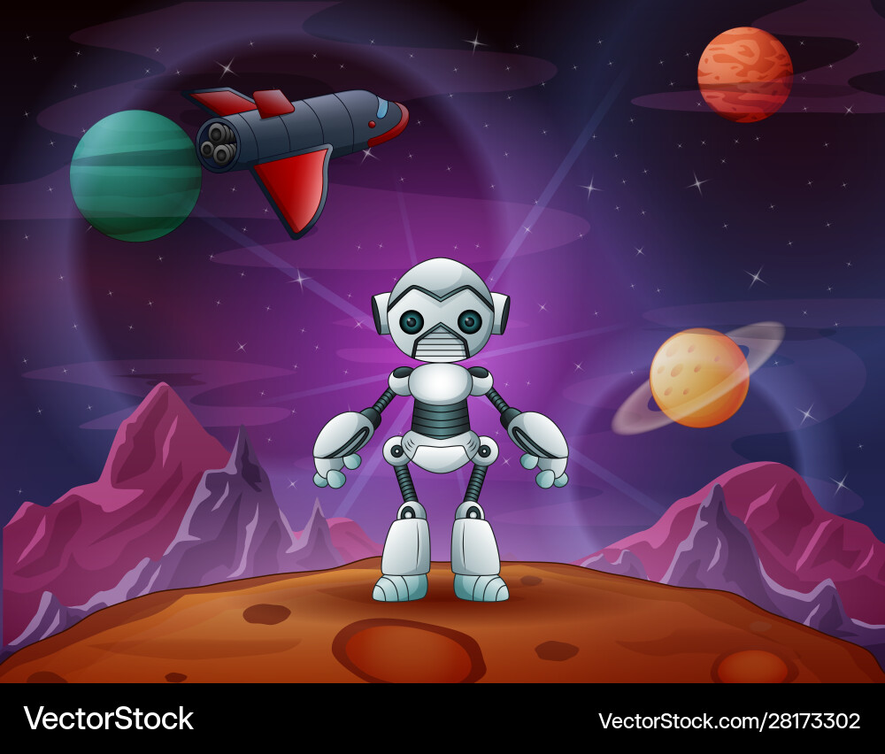 Robot cartoon in outer space with a plane Robot cartoon in outer space with a plane Vector Image
