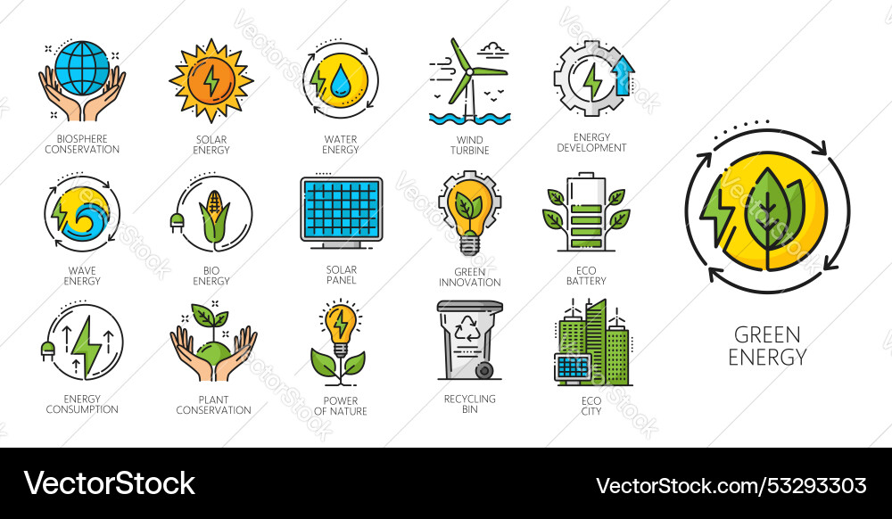 Green energy eco power natural electricity icons Green energy eco power natural electricity icons vector image