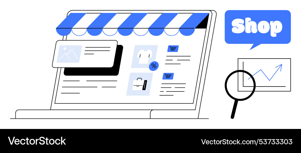 Online storefront with analytics display and shop Online storefront with analytics display and shop Vector Image