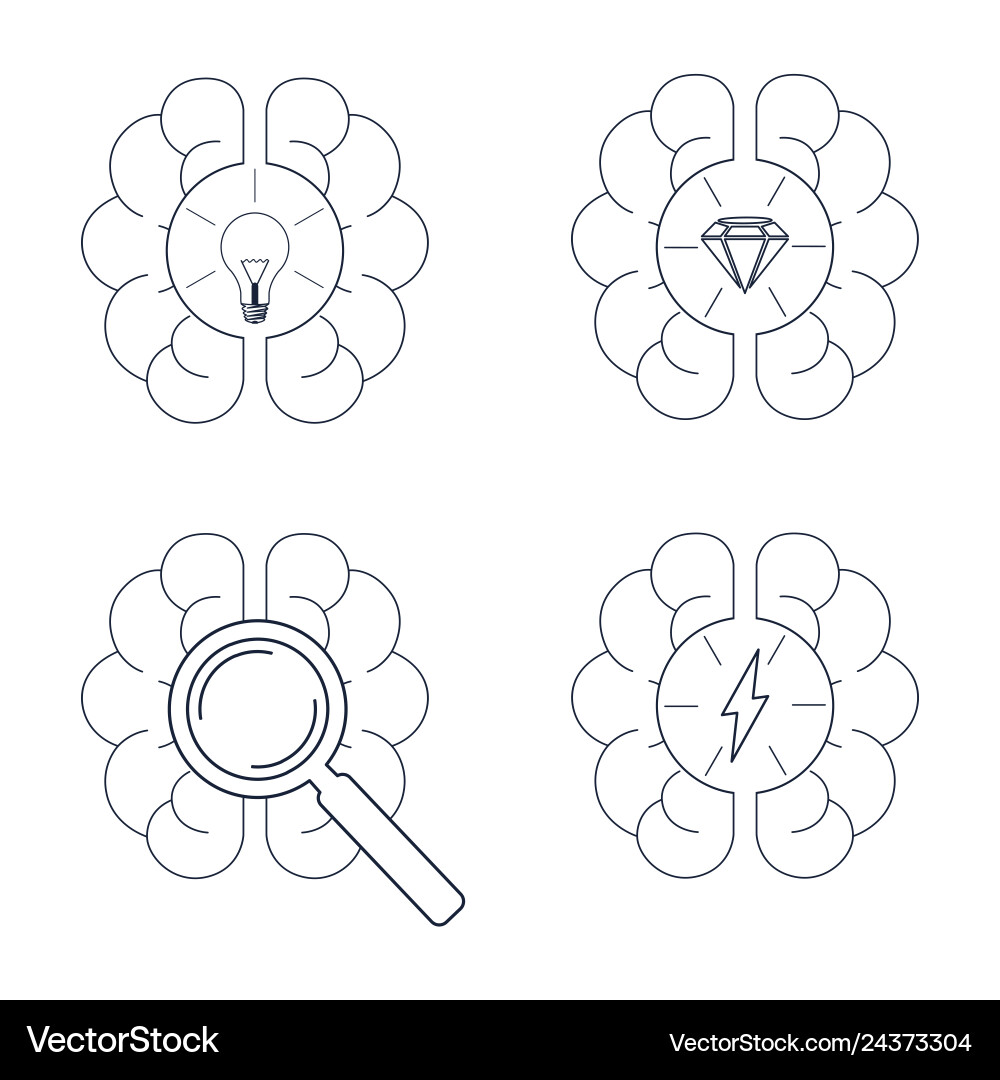 Brainstorming icons set brain with lightbulb vector image