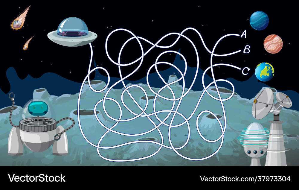Maze game with space theme template Maze game with space theme template vector image