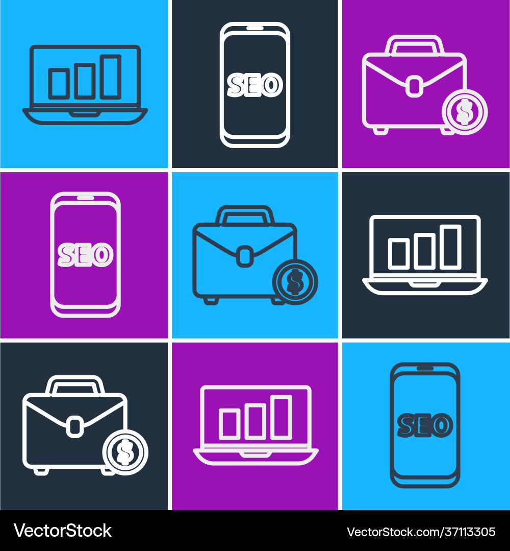 Set line laptop with graph chart briefcase Set line laptop with graph chart briefcase vector image