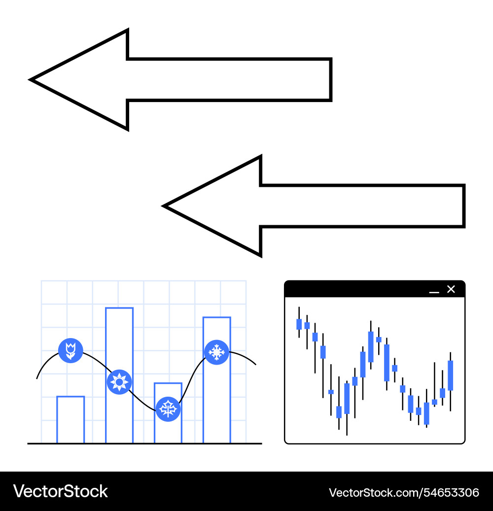 Directional arrows with bar and line graphs Directional arrows with bar and line graphs Vector Image