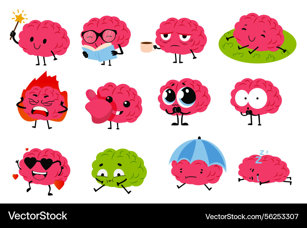 Brain character set in flat cartoon graphic design Brain character set in flat cartoon graphic design Vector Image
