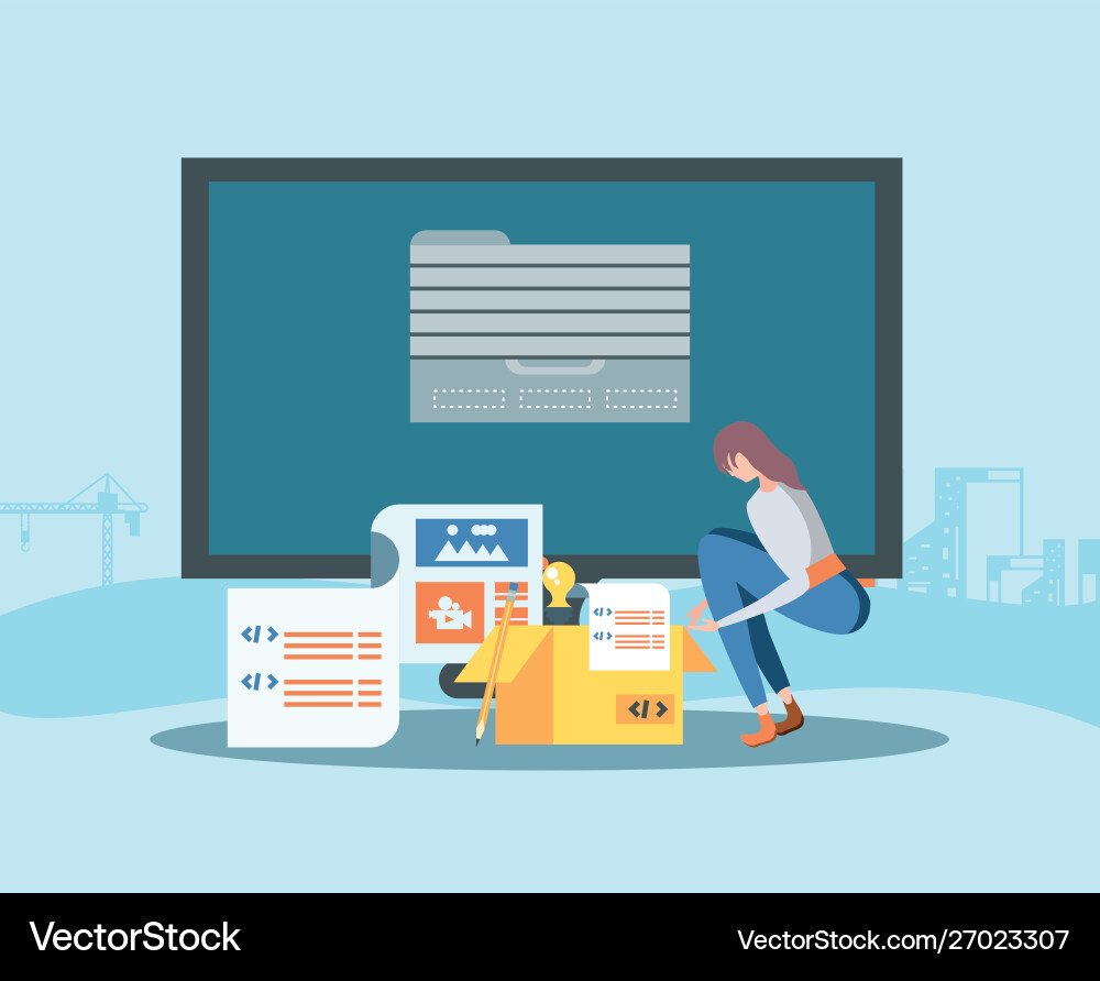 Builders and desktop with webpage under vector image