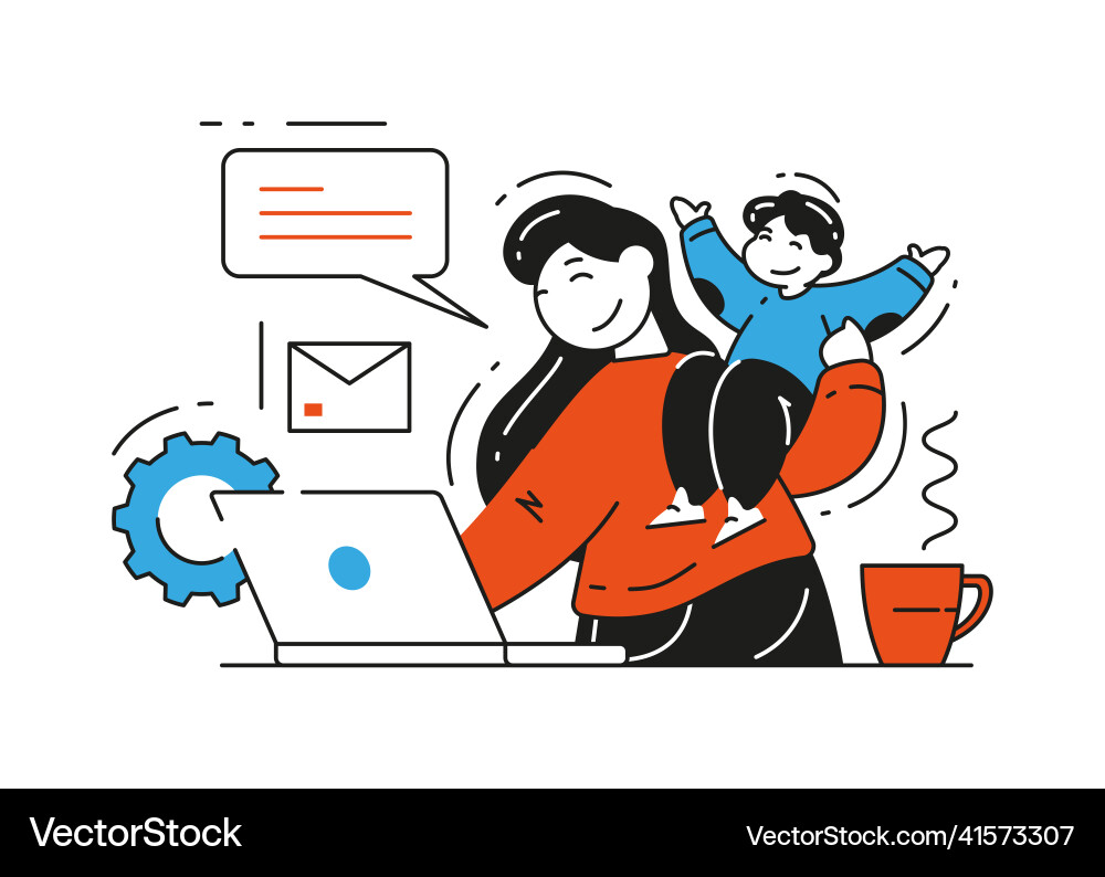 Woman mother remote worker holding baby typing Woman mother remote worker holding baby typing vector image