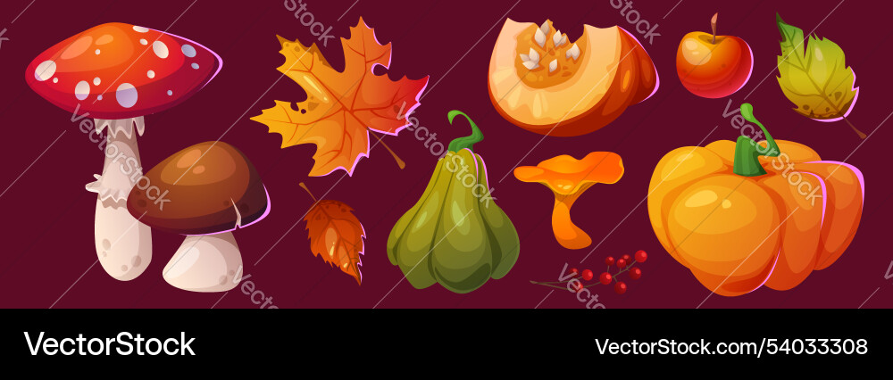 Autumn leaves icon fall pumpkin and mushroom set Vector Image