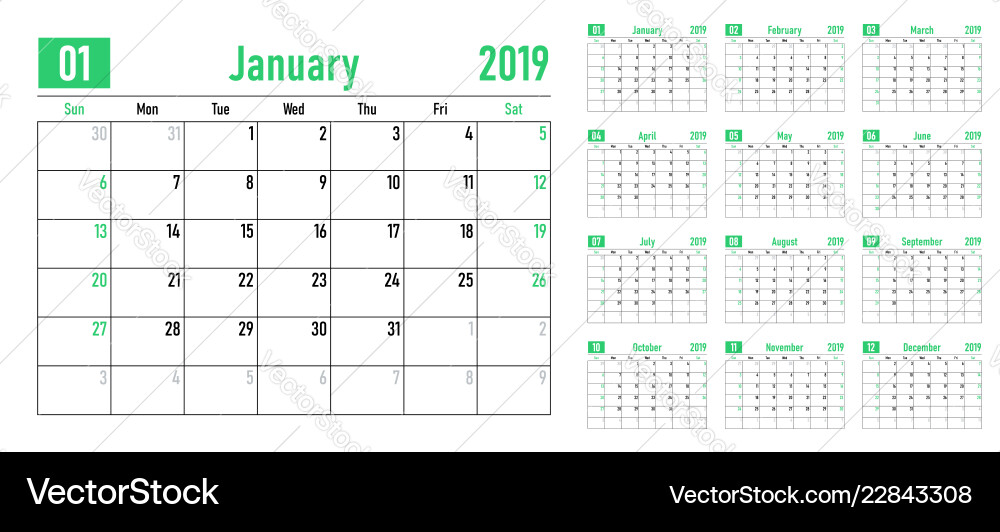 Calendar planner 2019 template Calendar planner 2019 template vector image