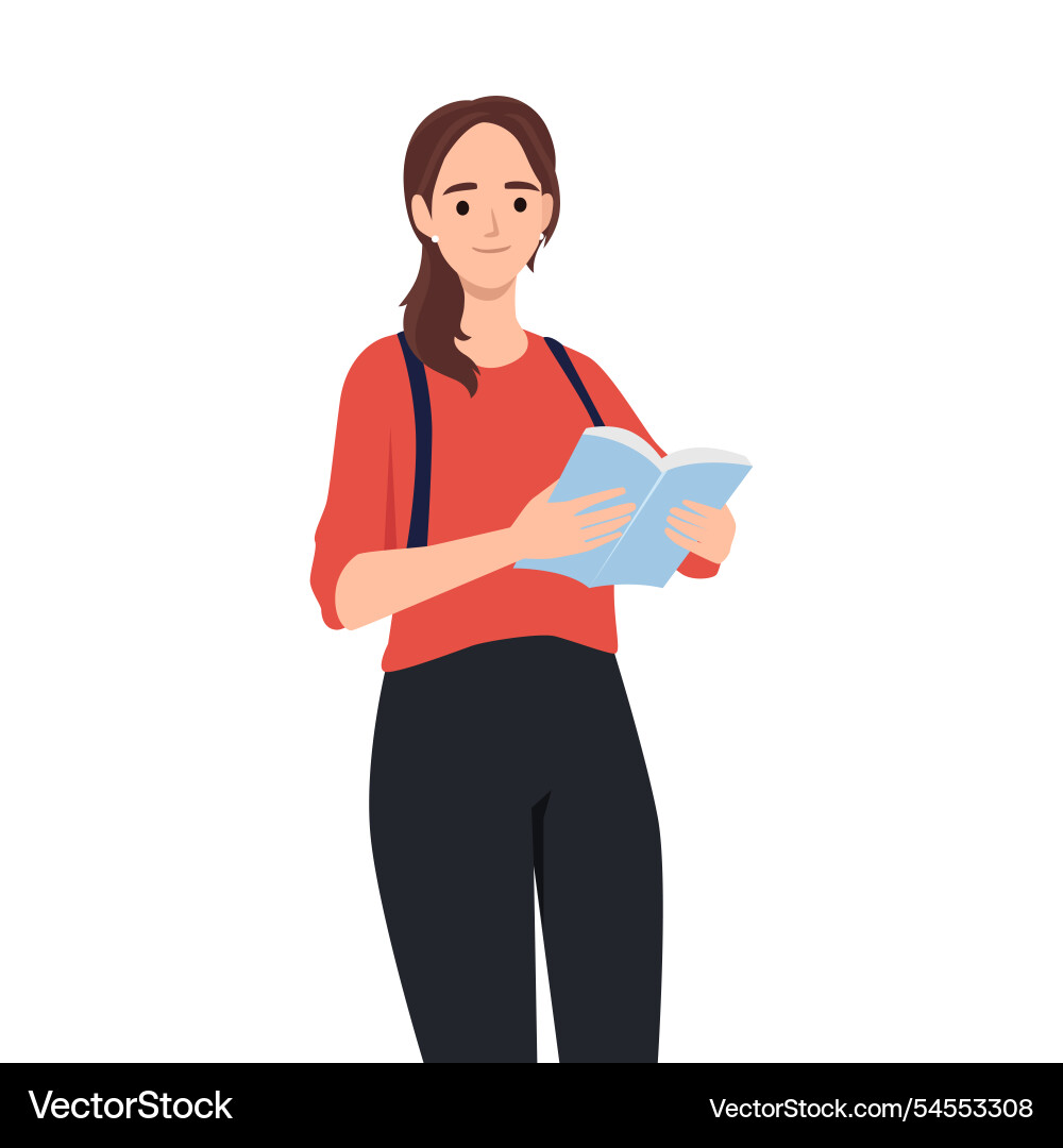 Glückliche moderne junge Frau Lesebuch stehen Glückliche moderne junge Frau Lesebuch stehen vektorbild