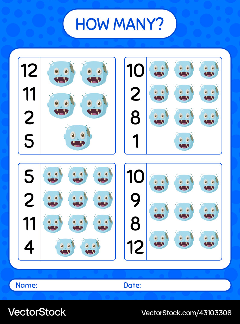 How many counting game with zombie worksheet How many counting game with zombie worksheet vector image