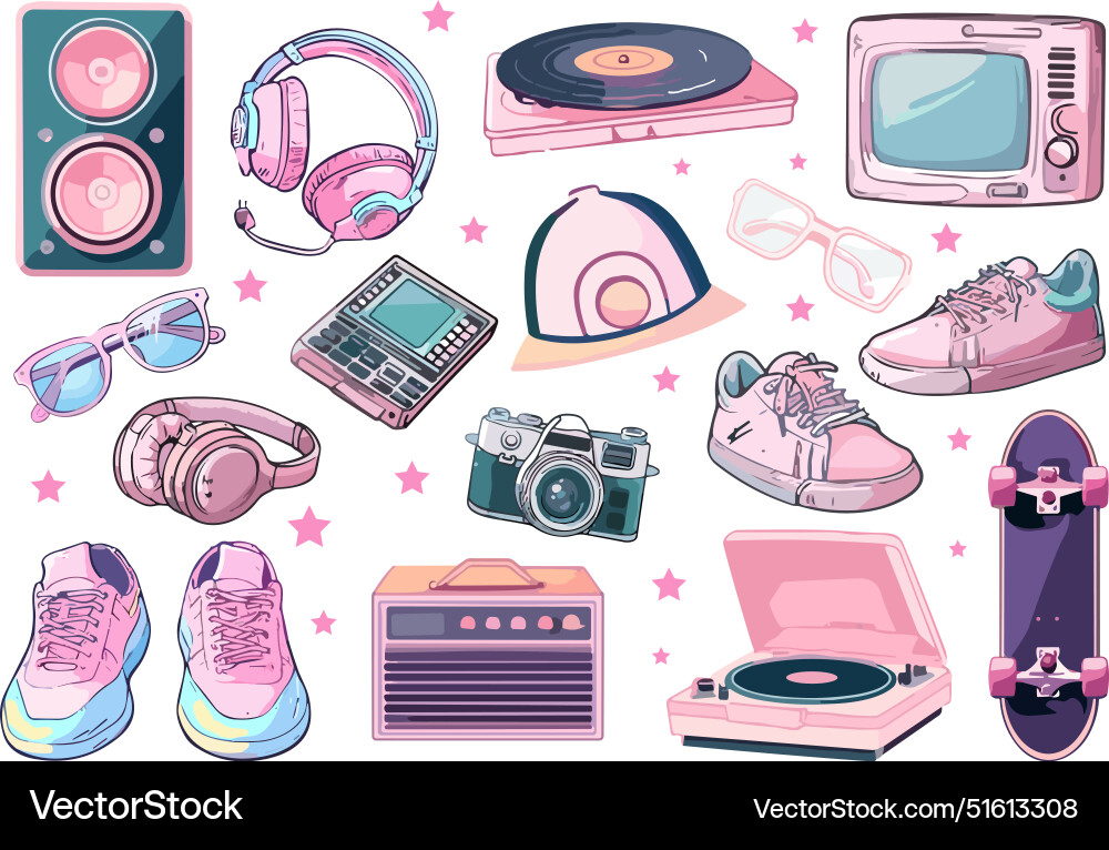 Retro 80s 90s Elemente setzen Sneaker Kopfhörer Retro 80s 90s Elemente setzen Sneaker Kopfhörer vektorbild