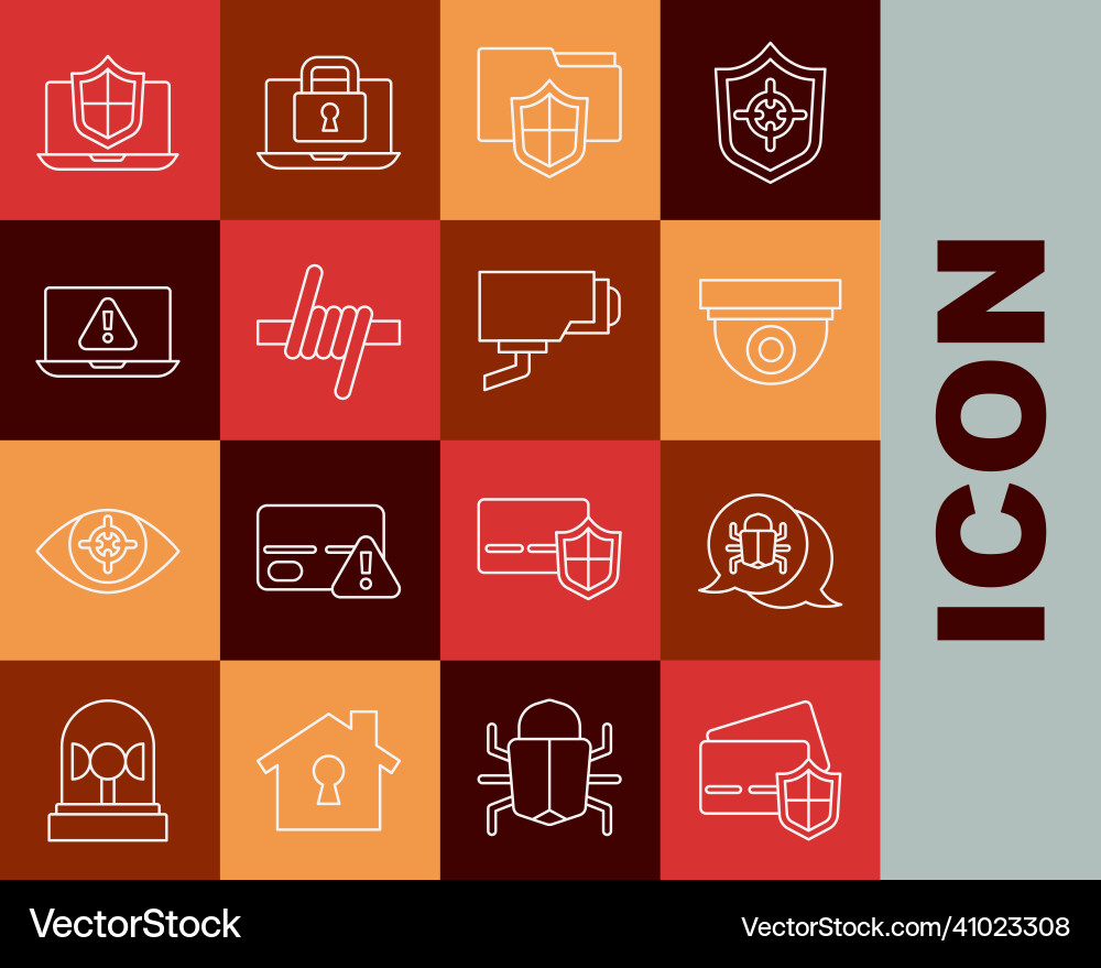Set line credit card with shield system bug Set line credit card with shield system bug vector image