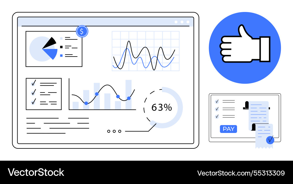 Digital dashboard with data charts thumbs up icon vector image