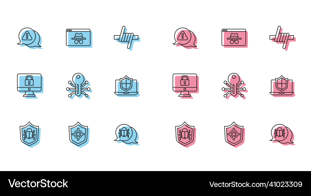 Set line system bug shield exclamation mark Set line system bug shield exclamation mark vector image