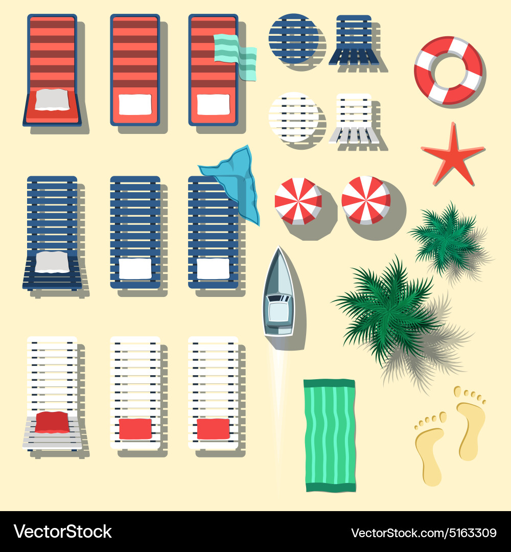 Set of beach objects in flat style vector image