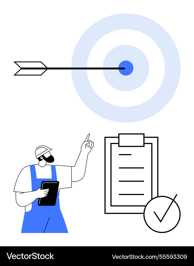 Worker with clipboard points at checklist as arrow Worker with clipboard points at checklist as arrow vector image