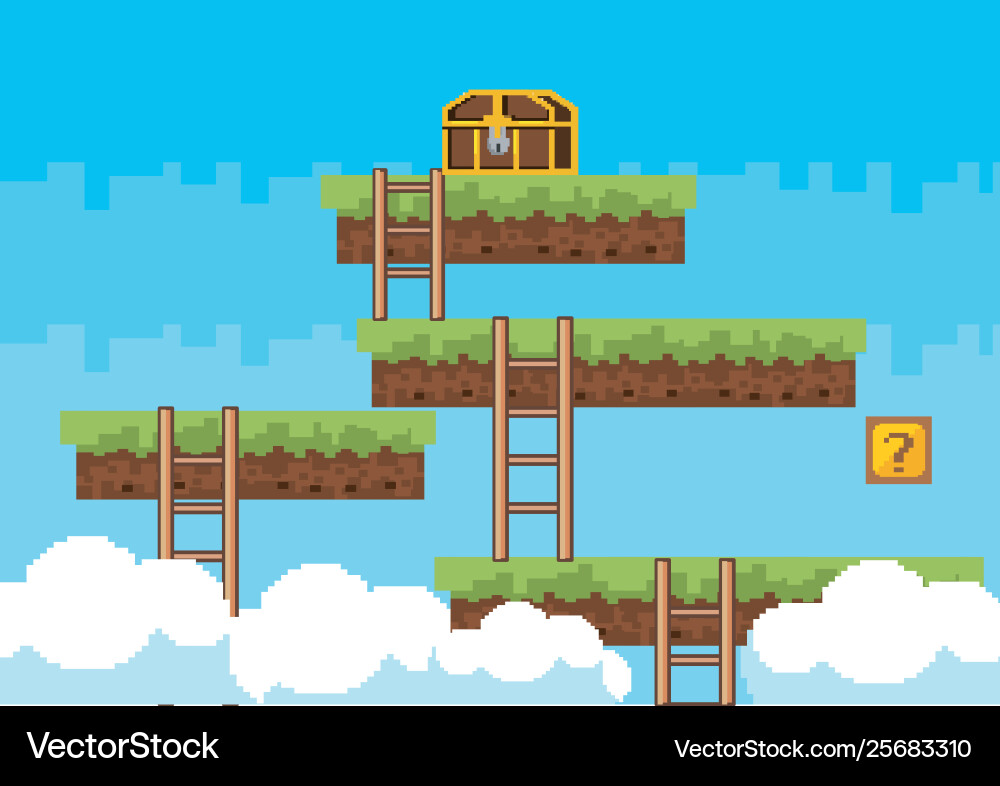 Arcade game world and pixel scene design Vector Image