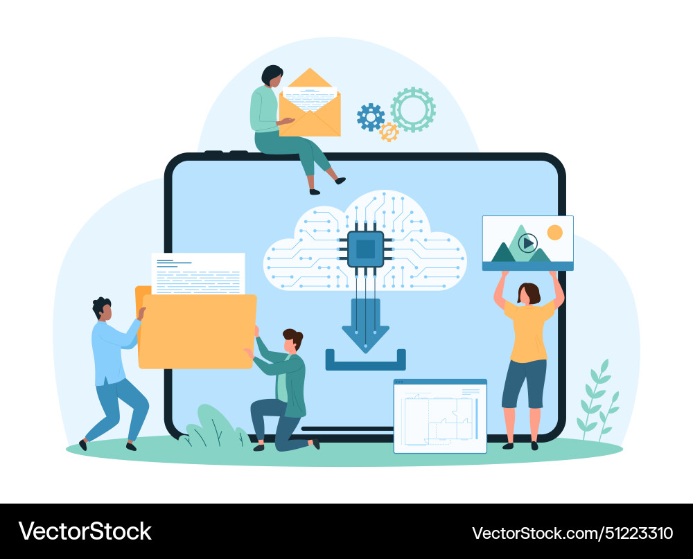 Cloud data storage tiny people upload files vector image