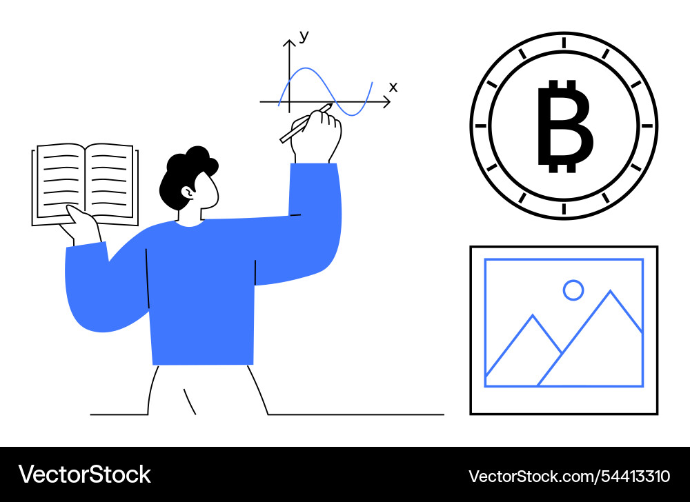 Person drawing on graph with open book bitcoin Person drawing on graph with open book bitcoin vector image