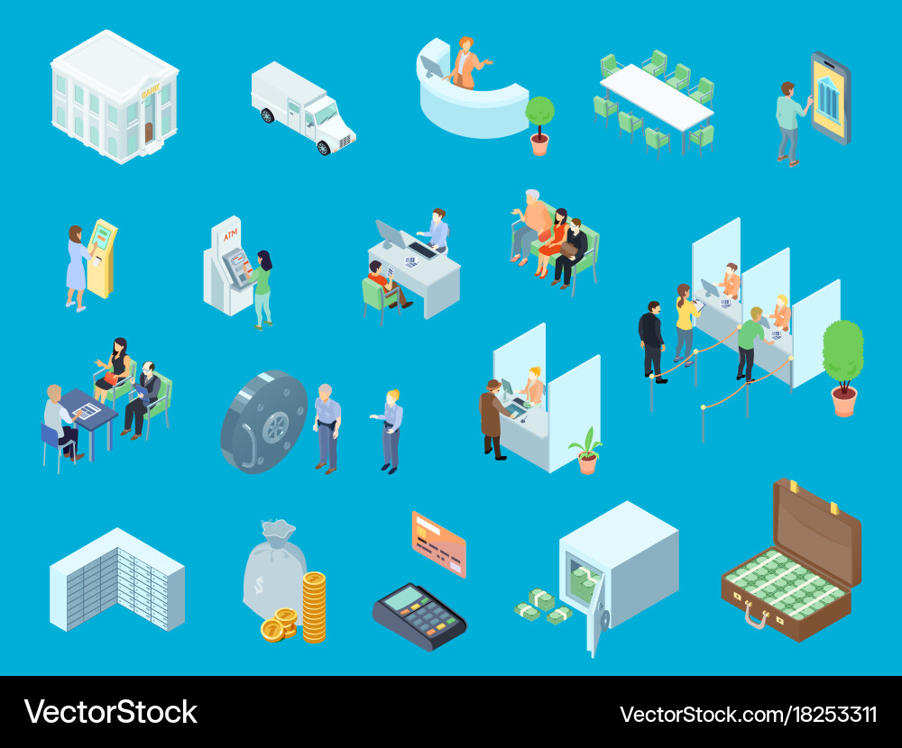 Bank isometric icons set Royalty Free Vector Image