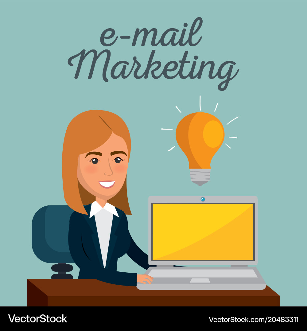 Geschäftsfrau im Büro mit E-Mail-Marketing Vektorbild