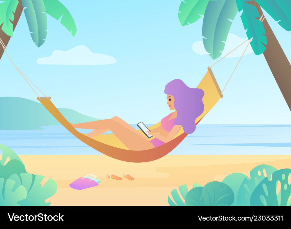 Girl in swimsuit hammock between palm trees vector image