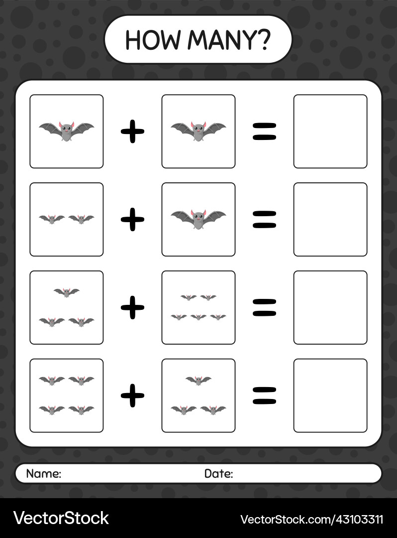 How many counting game with bat worksheet vector image