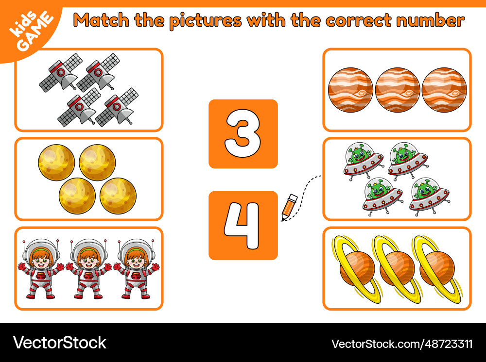 Math game match space objects with correct number Math game match space objects with correct number vector image