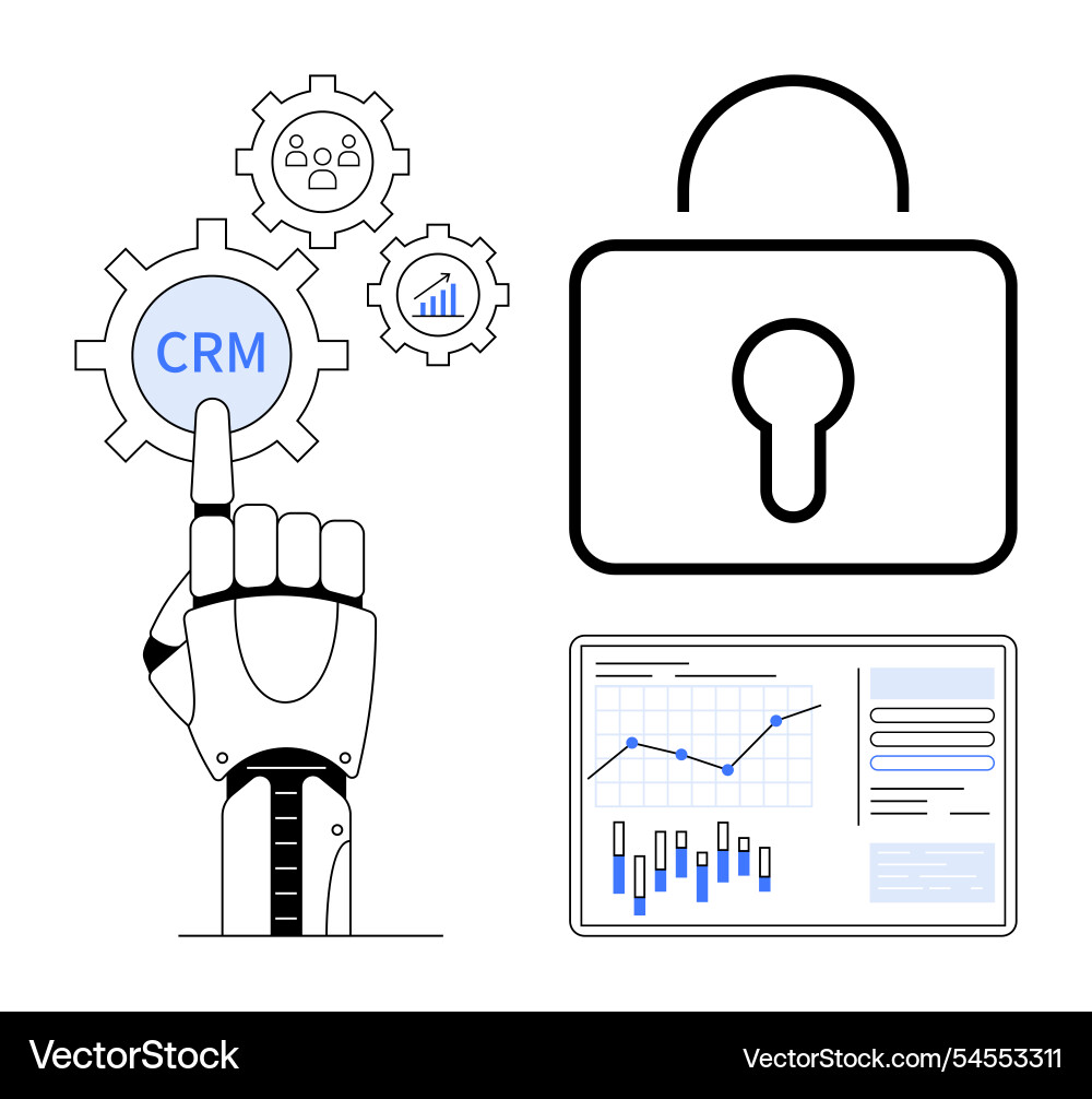 Robotic hand pointing to crm gear with data Vector Image