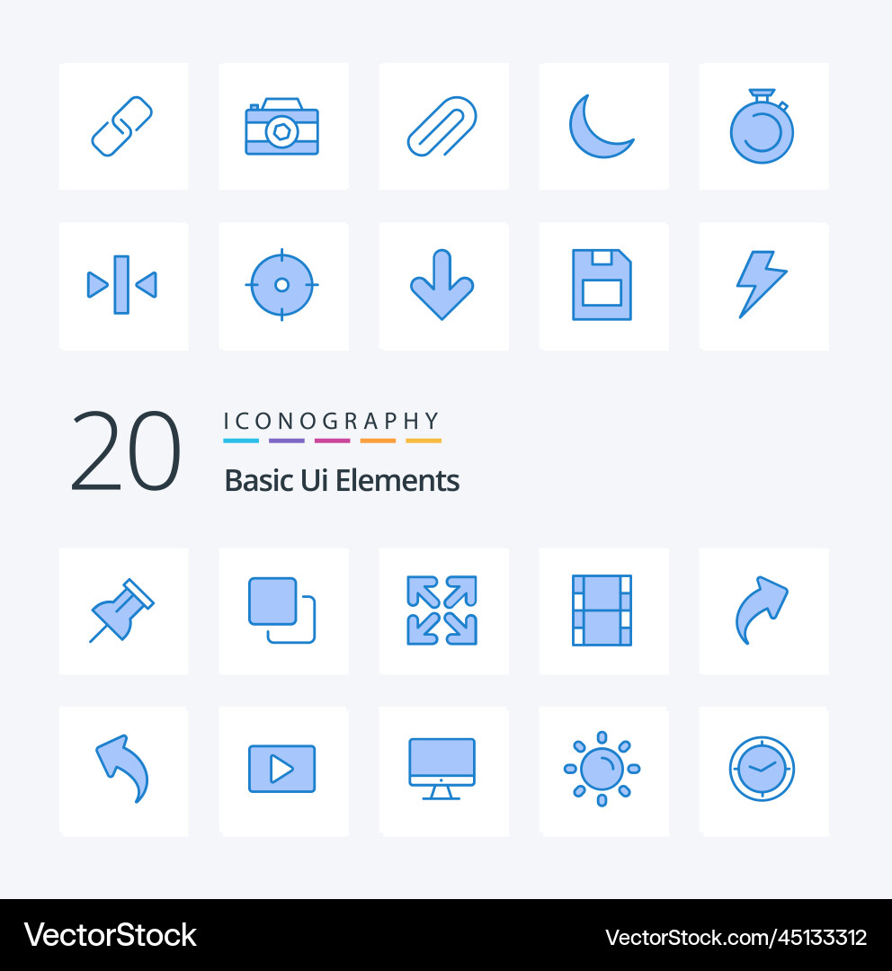 20 basic ui elements blue color icon pack like Vector Image