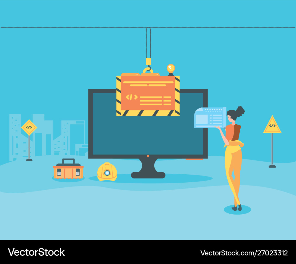 Builders and desktop with webpage under vector image