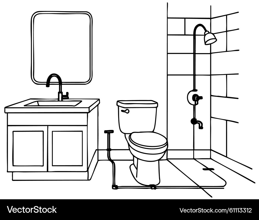 Bathroom drawing line Vector Images \u0026 Graphics for Commercial Use |  VectorStock, image size:1000x849