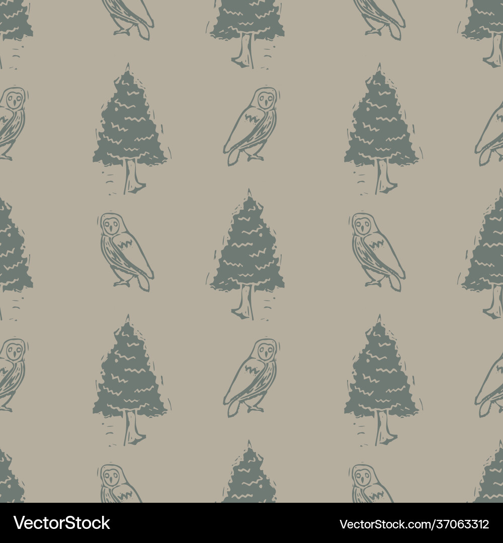 Handmade carved block print owl seamless pattern Handmade carved block print owl seamless pattern Vector Image