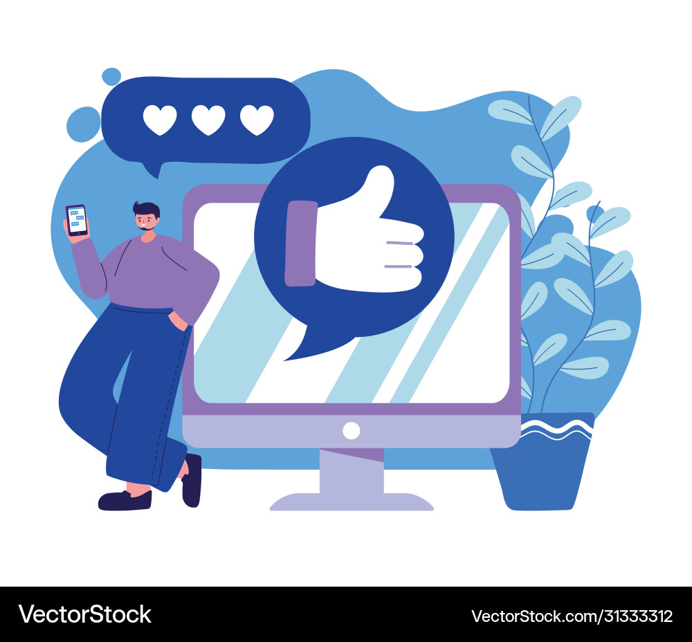 Man with smartphone and computer chatting Vector Image