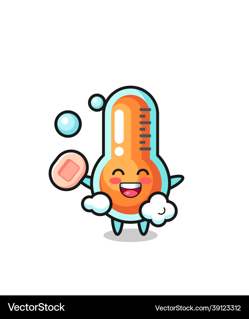 Thermometer character is bathing while holding Vector Image