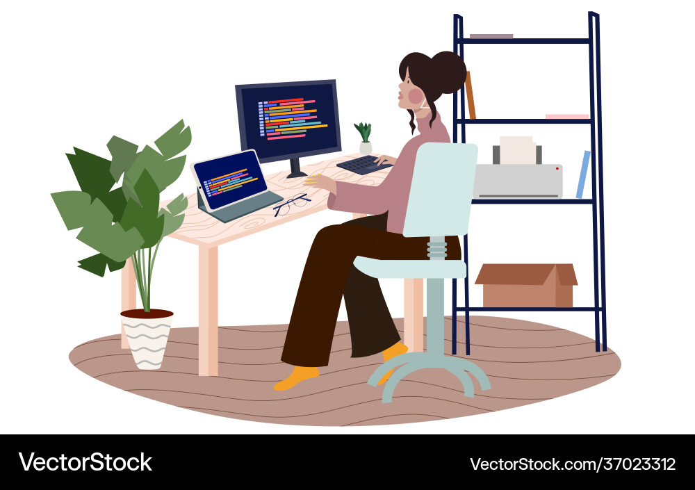 Women work on computer development program Vector Image