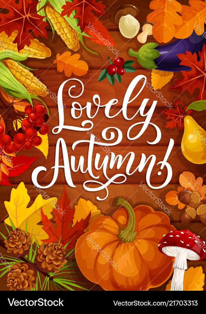 Lovely autumn poster with fall pumpkin and leaf Lovely autumn poster with fall pumpkin and leaf vector image