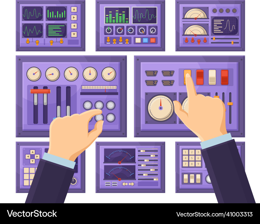 Retro control dashboard panel with operator hands Retro control dashboard panel with operator hands Vector Image