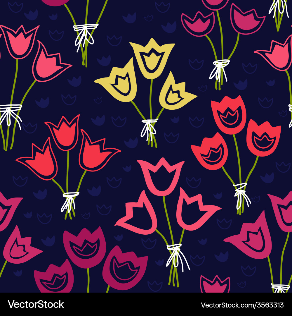 Seamless pattern with bunches of tulips on a dark Vector Image