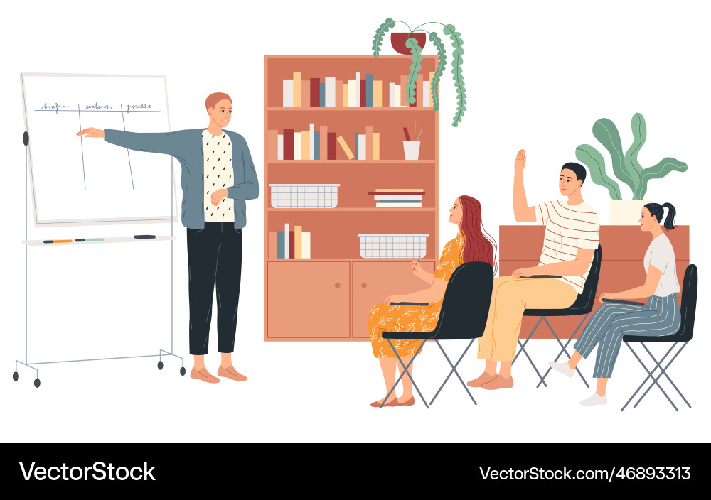 Teacher Explaining Lesson with Students at Whitebo Vector Image