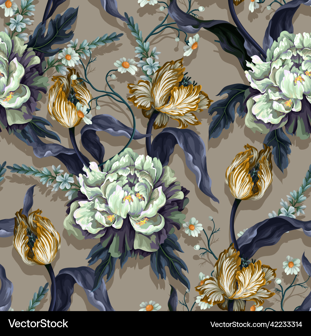 Nahtloses Muster mit Vintage Tulpen und Peonien Nahtloses Muster mit Vintage Tulpen und Peonien vektorbild