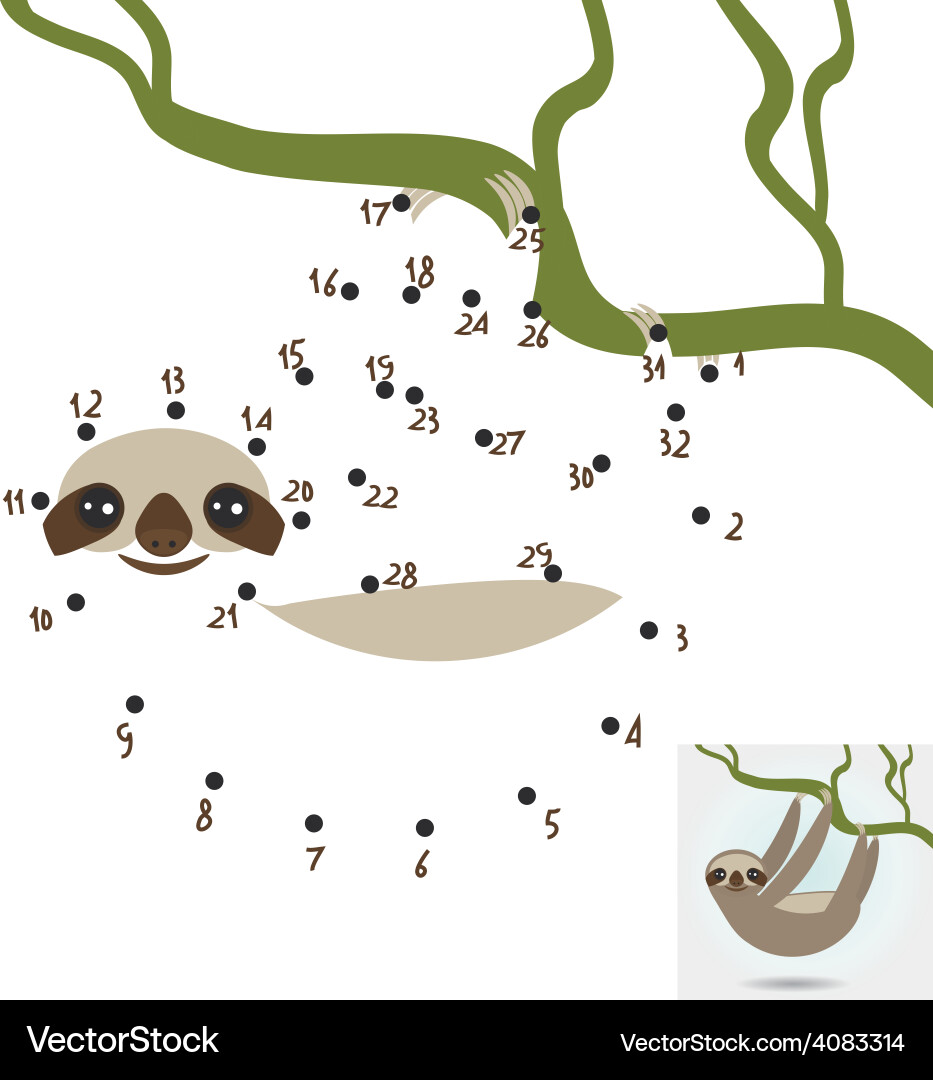 Numbers game dot three-toed sloth on green Vector Image