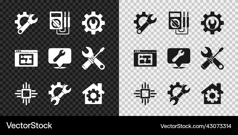 Set wrench spanner and gear multimeter processor Set wrench spanner and gear multimeter processor vector image