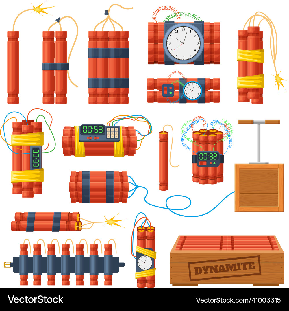 Dynamite sticks explosive bombs with timer clock Dynamite sticks explosive bombs with timer clock vector image