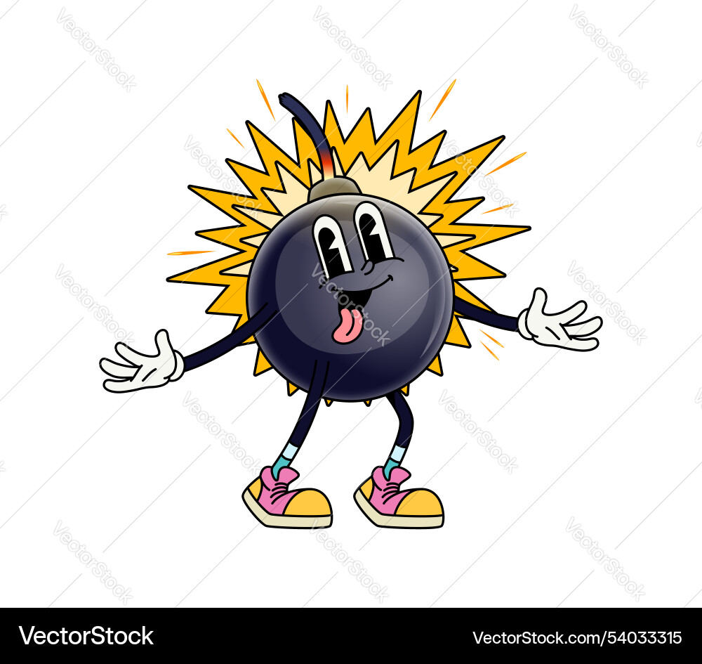 Exploding bomb cheerful groovy character Exploding bomb cheerful groovy character vector image