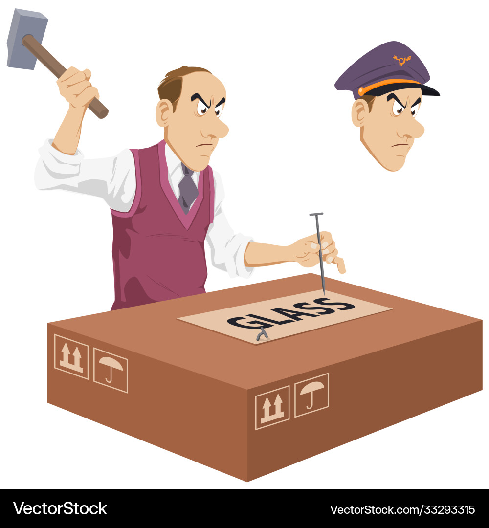 Man drives large nails into fragile objects Vector Image