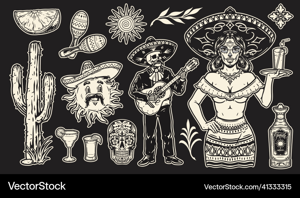 Monochrome collection of mexican festive elements Monochrome collection of mexican festive elements vector image