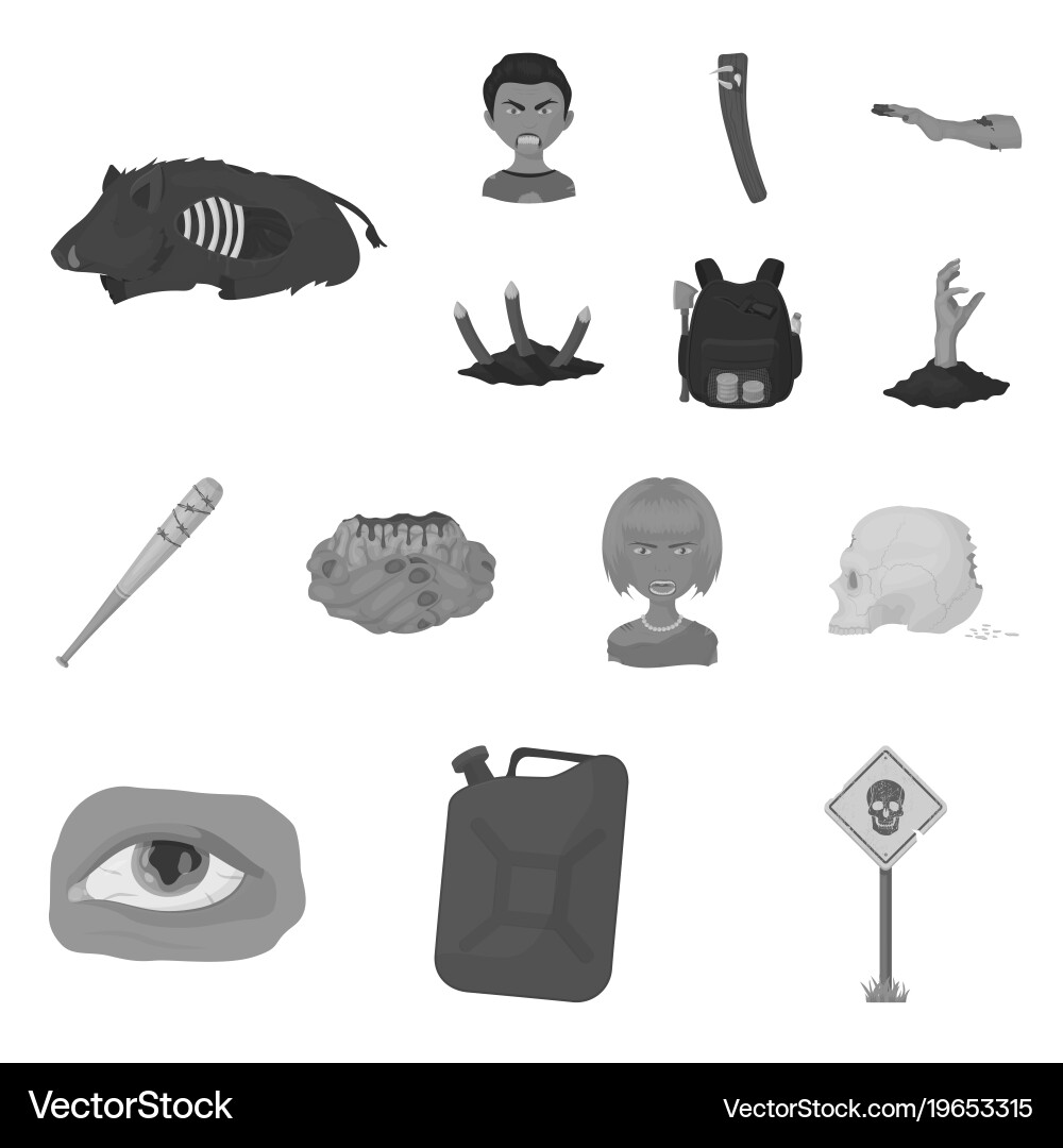 Zombies and attributes monochrome icons in set Vector Image